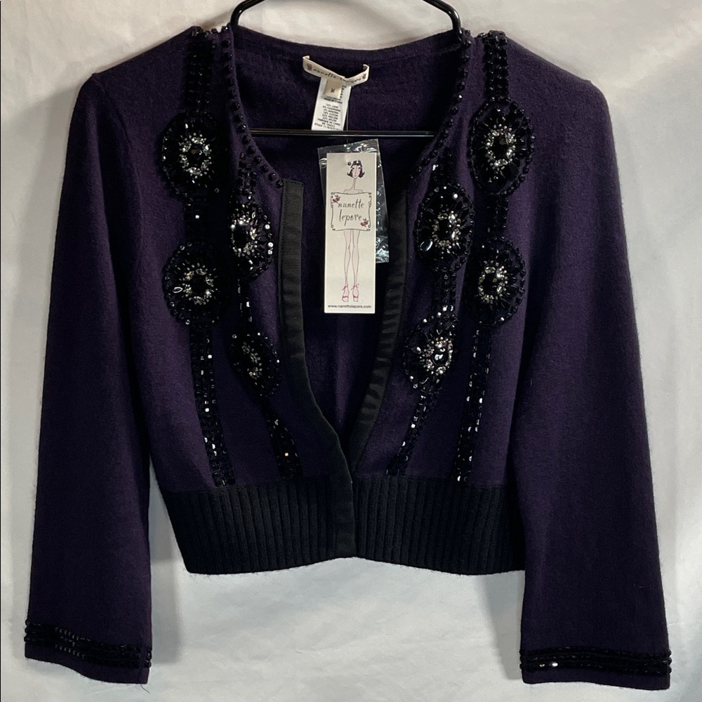 Nanette Lepore Purple Cardigan with Black Embellishments